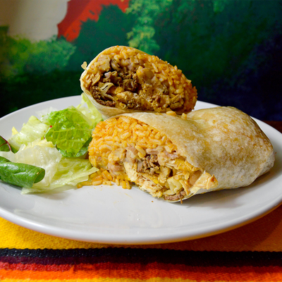 A generously filled burrito ready to serve